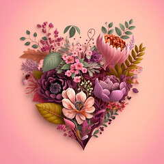 Fototapeta premium Floral heart. Heart of flowers. Wedding card. Love symbol on pink background. Valentine poster