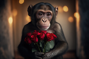 portrait of a cute monkey with red roses, ai generated