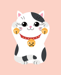 Maneki neko style. Kitten holding jingle balls. Asian traditions and culture. Sticker for social networks and reaction for messengers. .Black and white kitten. Cartoon flat vector illustration