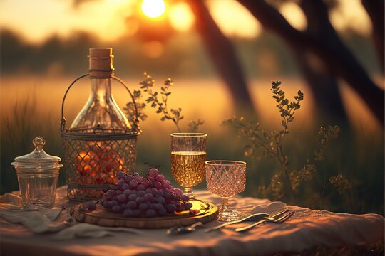 Romantic summer picnic, basket with food and drinks, warm evening light. Generative AI