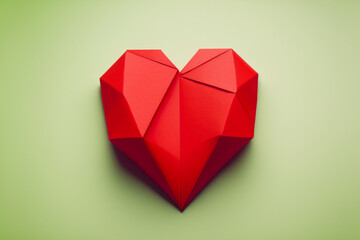 Heart. Love background. Red paper origami heart on green background. Valentine card - obrazy, fototapety, plakaty