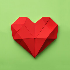 Heart. Love background. Red paper origami heart on green background. Valentine card