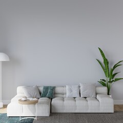 frame mockup in bright living room design, white sofa in farmhouse boho interior style
