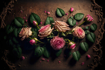 close-up of pink roses on wooden table, ai generated