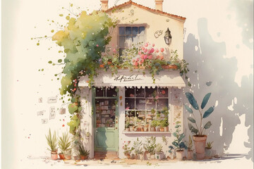 Frontal view on flowers shop. Watercolor painting. Generative AI