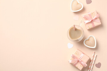 Obraz na płótnie Canvas Valentine's Day composition. Beautiful Flat Lay of gift boxes, coffee cup, candles, hearts on beige background.