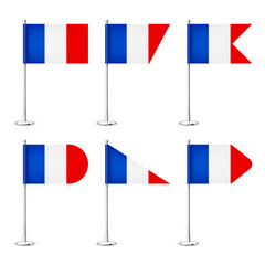 Realistic various French table flags on a chrome steel pole. Souvenir from France. Desk flag made of paper or fabric, shiny metal stand. Mockup for promotion and advertising. Vector illustration