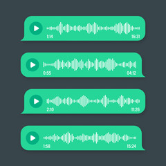 Voice, audio message, green speech bubble. SMS text frame. Social media chat or messaging app conversation. Voice assistant, recorder. Sound wave pattern. Dark mode. Vector illustration