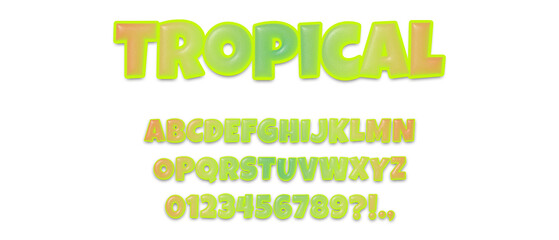 Tropical alphabet with capital letters and numbers on transparent png background, multicolored 3D fruit font, creative uppercase typography for food and freshness concepts