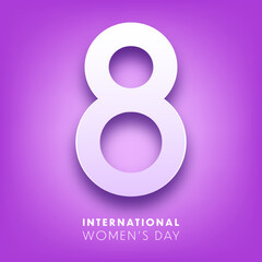 Fototapeta na wymiar Women's day violet background with text. March 8 international holiday. Paper greeting card with number and date. Vector illustration