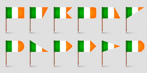 Fototapeta premium Realistic various Irish toothpick flags. Souvenir from Ireland. Wooden toothpicks with paper flag. Location mark, map pointer. Blank mockup for advertising and promotions. Vector illustration