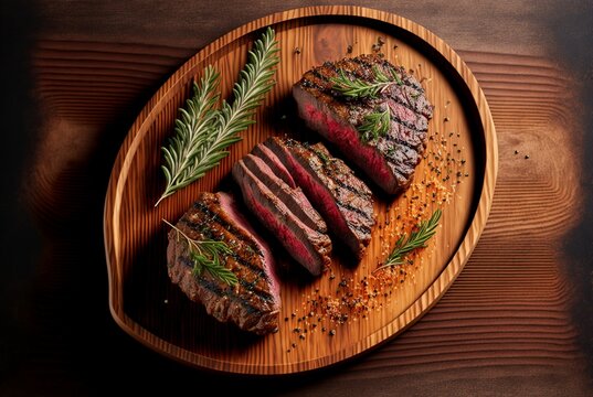 image of grilled beef steaks with spices on a wooden plate, generative AI.