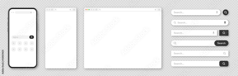 Poster smartphone, blank internet browser window with various search bar templates. web site engine with se