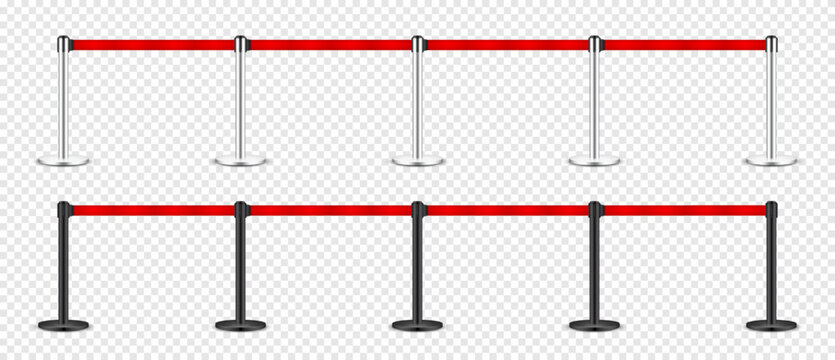 Realistic red retractable belt stanchion. Crowd control barrier posts with caution strap. Queue lines. Restriction border and danger tape. Attention, warning sign. Vector illustration