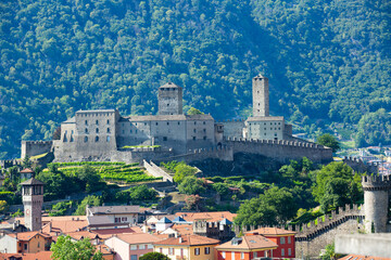 Fototapeta na wymiar Castles of Bellinzona are group of fortifications located around the town of Bellinzona, the capital of the Swiss canton of Ticino