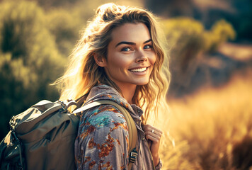 Naklejka premium Blonde woman with backpack, Generative AI.