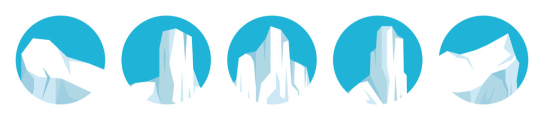 Floating icebergs collection. Drifting arctic glacier, block of frozen ocean water. Icy mountains with snow. Melting ice peak. Antarctic snowy landscape. South and North Pole. Vector illustration.