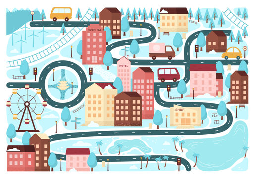 Winter Town Map Vector Illustration. Cartoon Christmas Cute City Houses And Road With Snow For Kids Board Game, Xmas Wallpaper With Small Buildings And Trees, Cars On Streets Pattern, Top View