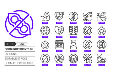 Food ingredients related, pixel perfect, editable stroke, up scalable, line, vector bloop icon set.