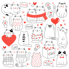 Cats and hearts in line art icons. Cute cartoon contemporary drawings. Funny pet in scarf, sweater. Love messages