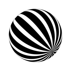 Spherical shape with black and white stripes. 3D sphere model. Striped ball isolated on white background. Globe figure in perspective. Vector illustration