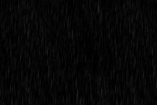 Animation of falling raindrops in slow motion on a dark black background, rain animation with beginning and end, ideal for film, digital composition, projection overlay