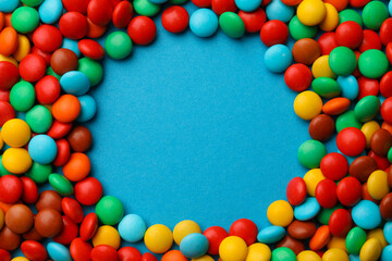 Fototapeta na wymiar Frame of tasty colorful candies on blue background, flat lay. Space for text