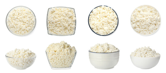 Collage with bowls of tasty cottage cheese on white background, top and side views