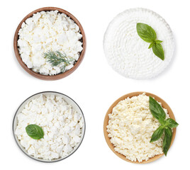 Collage with tasty cottage cheese on white background, top view