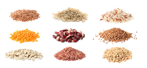 Collage with piles of legumes, rice, cereals and linseeds on white background