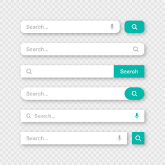 Various search bar templates. Internet browser engine with search box, address bar and text field. UI design, website interface element with web icons and push button. Vector illustration - obrazy, fototapety, plakaty