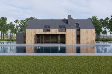 Fototapeta na wymiar 3D Rendering, Architecture, House, Exterior, large modern contemporary house in wood and concrete