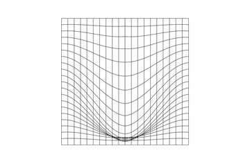Distorted square grid. Mesh warped texture. Net with convex effect. Geometric deformation. Gravity phenomenon. Bented lattice surface isolated on white background. Vector outline illustration