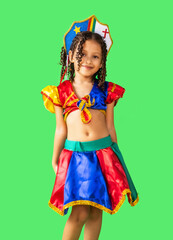 Brazilian child, girl, dressed in carnival outfit, dancing frevo. Little girl, brazilian, with...