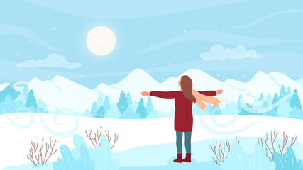 Winter walk and adventure of dreamy girl, back view vector illustration. Cartoon young woman hiking alone to enjoy mountain landscape, skyline with white snow and ice on peaks and cold scenery