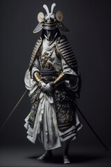 Full body portrait of armored Japanese samurai on grey background - created with Generative AI Technology