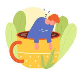 Morning coffee cups with sleepy tired man vector illustration. Cartoon isolated big mugs with lazy and exhausted male tiny character without energy in need rest and sleep