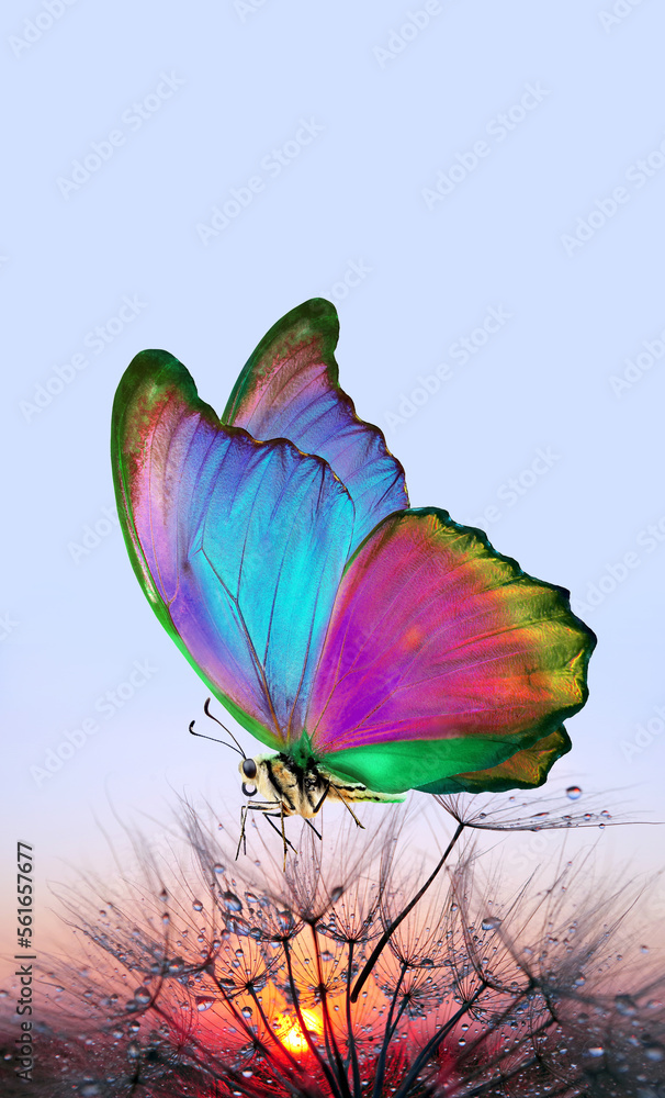 Aufkleber morpho butterfly and dandelion. seeds of a dandelion flower in drops of water on a background of sun