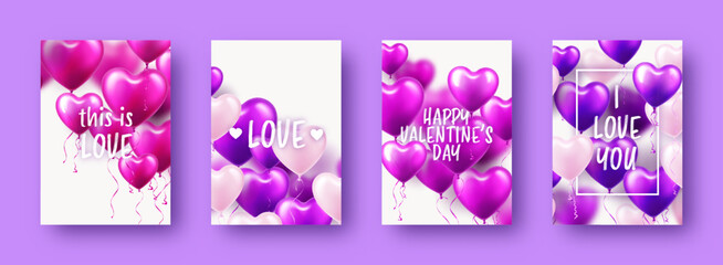 Valentine's Day banners with violet heart balloons and text. Wedding invitation card template, love background. Mother's Day greeting cards. Beautiful romantic banner. Vector illustration