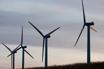 Windmills used to generate electrical power at Cowley Ridge in southern Alberta, Canada. (silhouette)