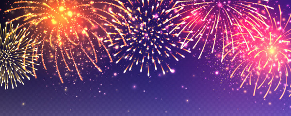 Fototapeta premium Realistic festive fireworks with transparency effect. Colorful explosion with bright sparks. Christmas or New Year greeting card design element. Diwali festival of lights. Vector illustration