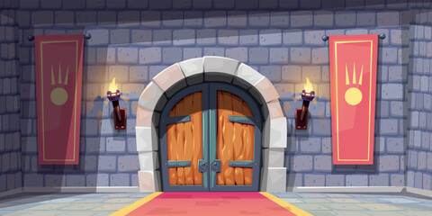 medieval castle room with flags wooden door - 561658475