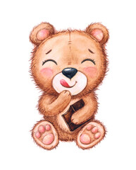 Cute teddy bear with chocolate. Watercolor hand drawn illustration on white background