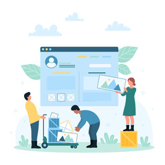 Website design, wireframe technology vector illustration. Cartoon tiny people building UI of digital page with software and mobile apps, optimization of structure and creative content in homepage
