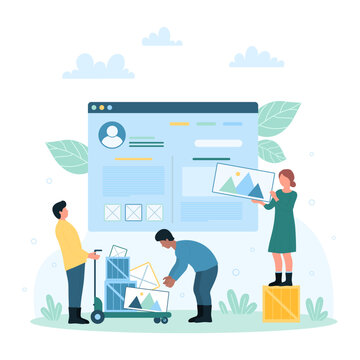 Website Design, Wireframe Technology Vector Illustration. Cartoon Tiny People Building UI Of Digital Page With Software And Mobile Apps, Optimization Of Structure And Creative Content In Homepage