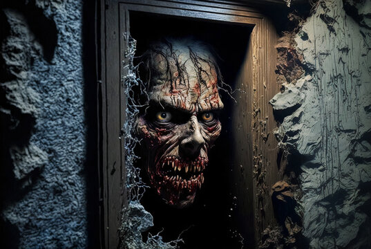 Zombies head coming through window AI generative