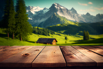 Wooden table background with landscape of mountains, green hills, meadow and countryside. Rustic empty wooden table for product and merchandise display. Generative AI image illustration