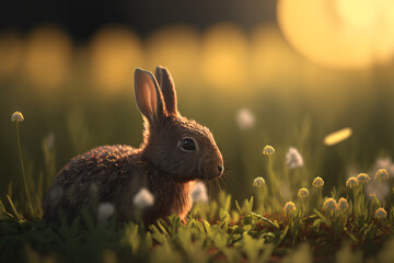 cute rabbit in a spring meadow scene, generative ai