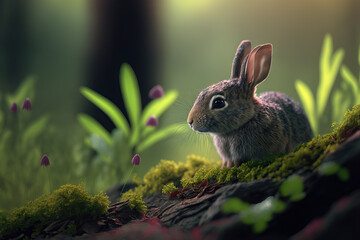cute rabbit in a spring forest scene, generative ai - 561660435