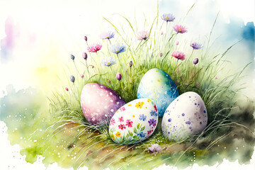 watercolor image of easter eaggs between flowers in the grass, generative ai - 561660453